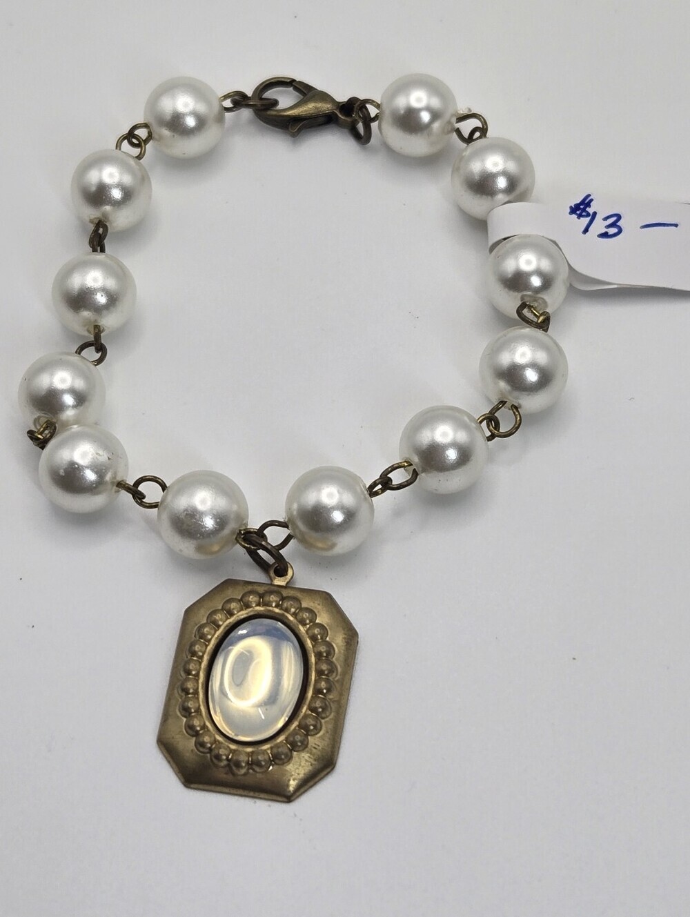Faux Pearl Charm Bracelet With Brass Tone Finnish Handmade Clasp Closure